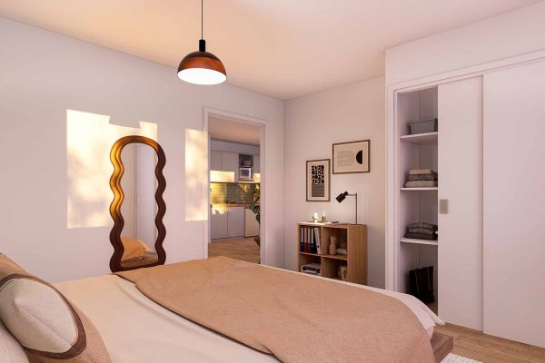 Placart et lit au sein du T2 de la résidence Marianne