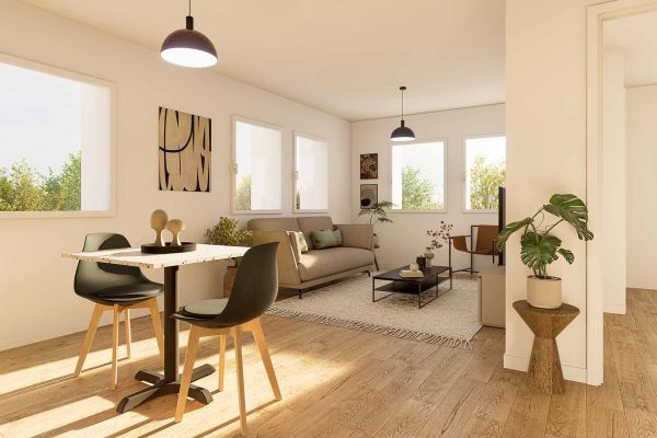 Salon meublé et cuisine équipée dans le T2